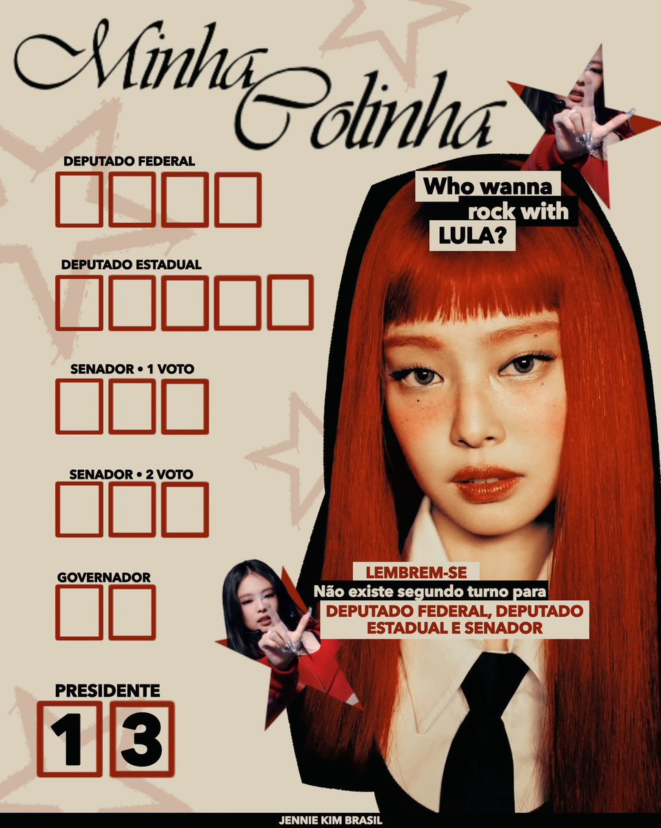 jenniekimbrasil's tweet photo. JNKBR É 13!

Estamos disponibilizando uma colinha para vocês imprimirem e usarem para não esquecerem os números dos candidatos da sua escolha. 

Usem seu direito de voto com sabedoria e coerência para não desperdiçá-lo ⭐️!

 #JENNIE #제니 @jennierubyjane https://t.co/mIvZ7Rzrzm