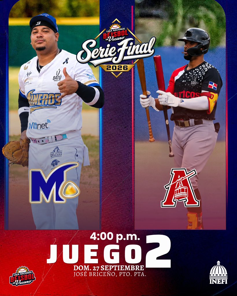 LigaDeVeranoRD's tweet photo. El Juego 2 ya está aquí. No te pierdas la continuación de la #FinalDelVerano, esta vez en Puerto Plata, Mineros de Bonao vs Atléticos, a partir de las 4:00 de la tarde.
#LigaDeVeranoRD
#ElFuturoEsAhora ✅ https://t.co/6HyC2Ao2MF