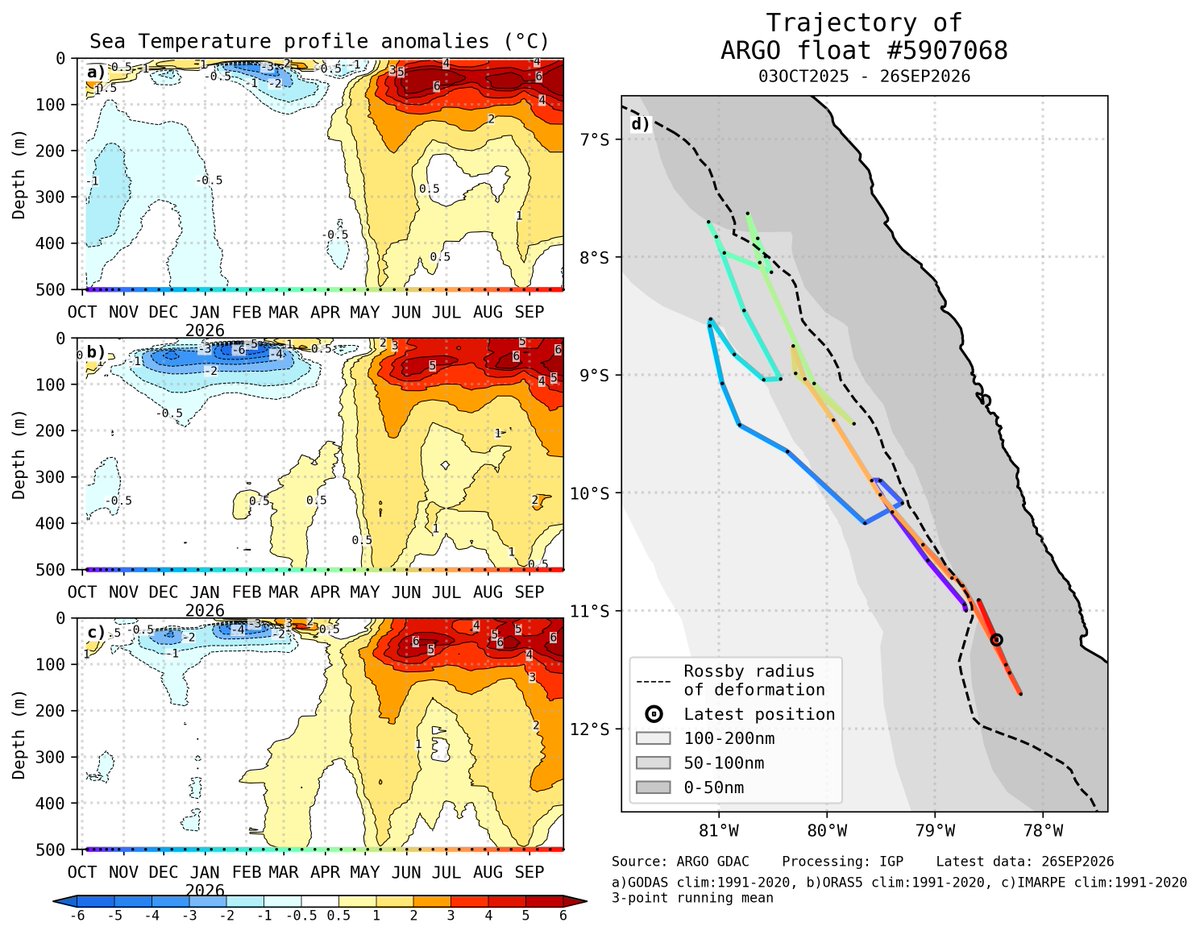 hombredeltiempo's tweet photo. Un análisis visual de los perfiladores que miden el calentamiento del actual #ElNiño frente a la costa de #Perú muestra en el norte y centro condiciones cálidas extremas sobrepasando los 200 metros de profundidad frente a Lambayeque y Lima. Inclusive, pero con menor rigor, frente a Moquegua.
En el norte y centro hay más de 100 metros de profundidad de aguas en 6°C o más de calentamiento. En el sur esa misma profundidad pero entre 2°C-3°C.
Esto explica el enorme cambio en el ecosistema marino que estamos observando los peruanos, particularmente en la disponibilidad de pescado.
Datos de @igp_peru