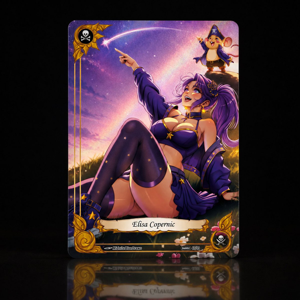 BootynBeauties's tweet photo. ✨ NEW CARD REVEAL: Elisa Copernic by @MidniteBlueArt 
Under the skies of Dorakhan, Elisa &amp; Thunder watch a shooting star blaze across the night. 🌠
This Ultra Rare will feature dazzling foil + textured finish!
🏴‍☠️ Join us on Kickstarter — until Oct. 6!
https://t.co/t81eAKhPGM https://t.co/xWuEwrTEfL