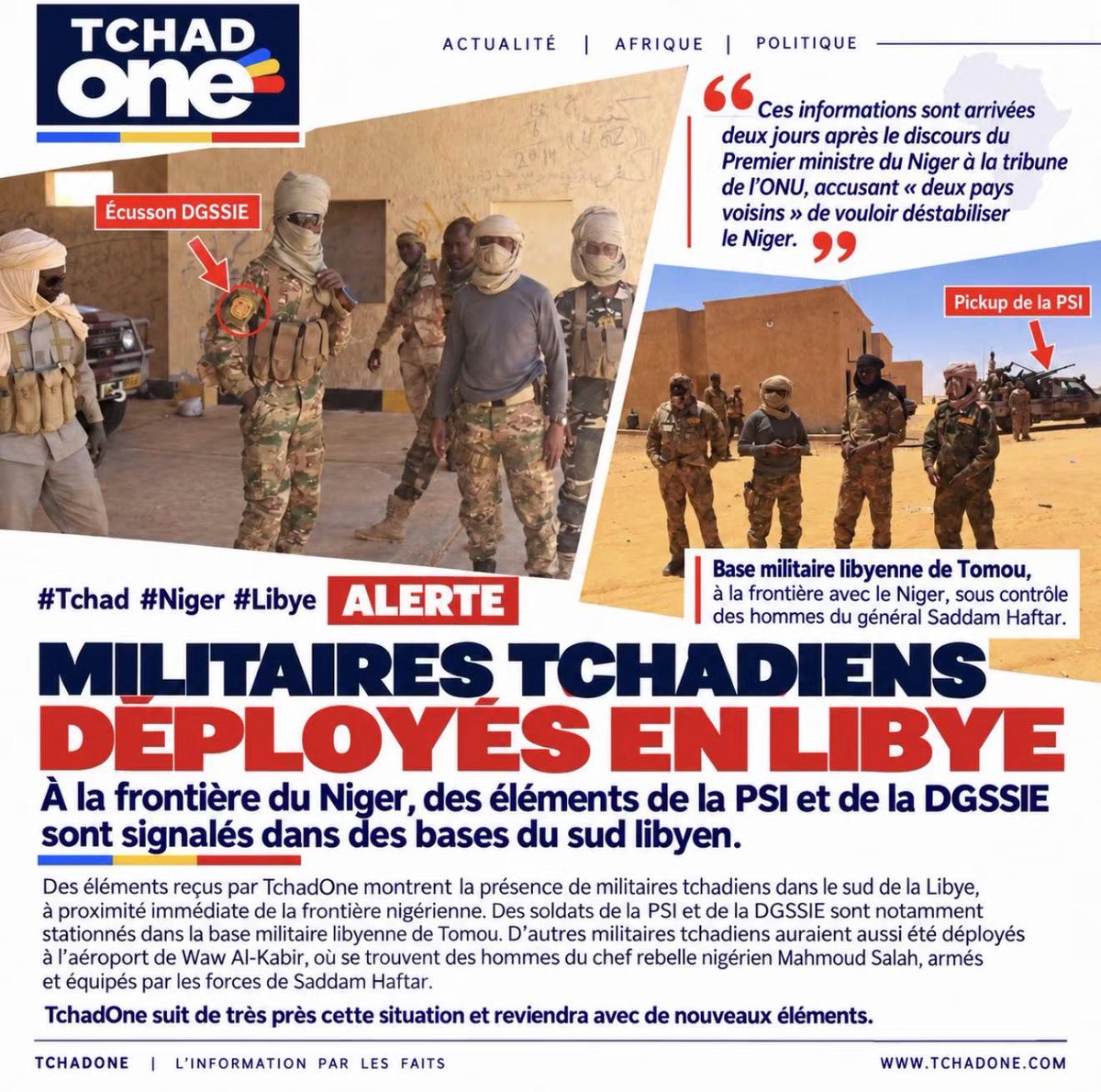 TchadOne's tweet photo. #Tchad 🇹🇩 #Niger 🇳🇪 #Libye 🇱🇾 🚨 ALERTE | Des militaires tchadiens déployés dans des bases du sud libyen, à la frontière du Niger
Des éléments reçus par TchadOne montrent la présence de militaires tchadiens dans le sud de la Libye, à proximité immédiate de la frontière nigérienne. Des soldats de la PSI et de la DGSSIE sont notamment stationnés dans la base militaire libyenne de Tomou, sous contrôle des forces du général Saddam Haftar. Selon des sources TchadOne, d’autres militaires tchadiens ont également été déployés à l’aéroport libyen de Waw Al-Kabir, où se trouvent des hommes du chef rebelle nigérien Mahmoud Salah. Ce derniers, libéré de prison, a été armé et équipé par les forces de Saddam Haftar.
Que prépare ce déploiement militaire tchadien dans le sud libyen ? Une opération contre les hommes de Mohamed Wardougou, dont les forces affrontent celles du camp Haftar et allié du gouvernement de Tripoli ? Ou la mise en place d’un dispositif plus large visant simultanément le Niger et les groupes rebelles tchadiens présents dans la région ? La concentration de forces et les mouvements observés autour de cette zone stratégique posent de sérieuses interrogations sur les opérations en préparation aux frontières du Tchad, du Niger et de la Libye.
TchadOne suit de très près cette situation et reviendra avec de nouveaux éléments.
La rédaction TchadOne