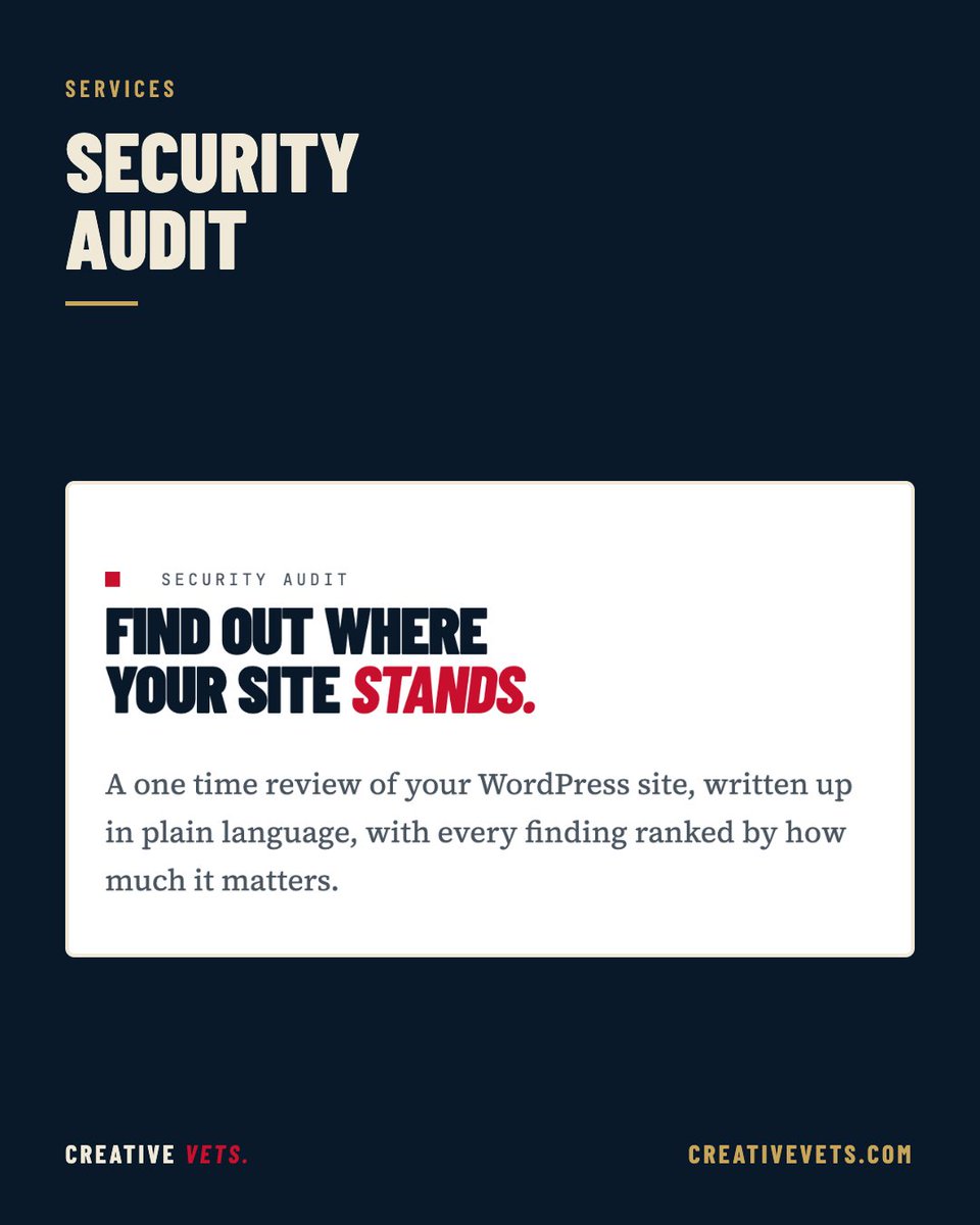CreativeVets's tweet photo. Patchstack counted 11,334 new WordPress vulnerabilities in 2025, up 42%, and 91% were in plugins. Our security audit is a written report on where your site stands, ranked by risk, for a flat $495. The fee counts toward a Care Plan. https://t.co/4SuAi384An https://t.co/PFY9Q3dobk