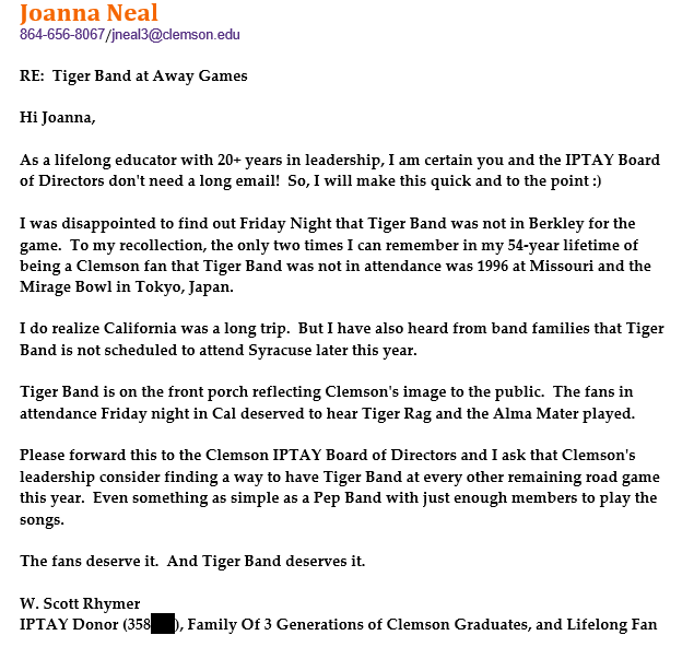 tigerpregame's tweet photo. My open letter to the IPTAY Board Of Directors  

Note:  I believe in respectful dialogue, not cancel culture.    

If any others feel the desire to reach out in support of Tiger Band, I implore that you do it respectfully like a Clemson Gentlemen or Lady should do

@IPTAY https://t.co/VtQV57Sfbc