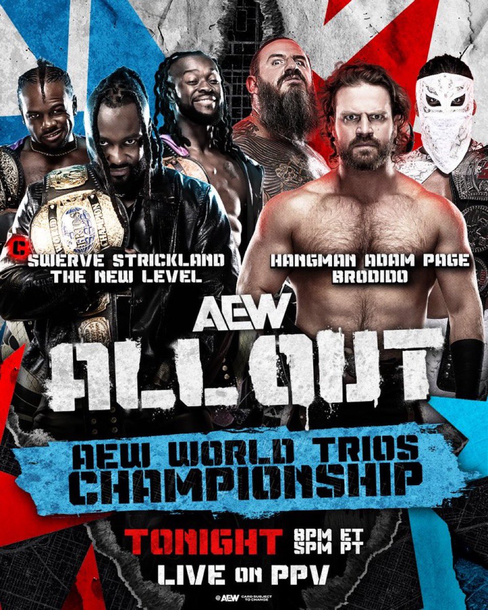 RandomG56934724's tweet photo. (TRIOS TITLES) Swerve Strickland & New Level (c) def. Bandido & Hangman Adam Page via pinfall #ANDSTILL https://t.co/XHiB65kLrd