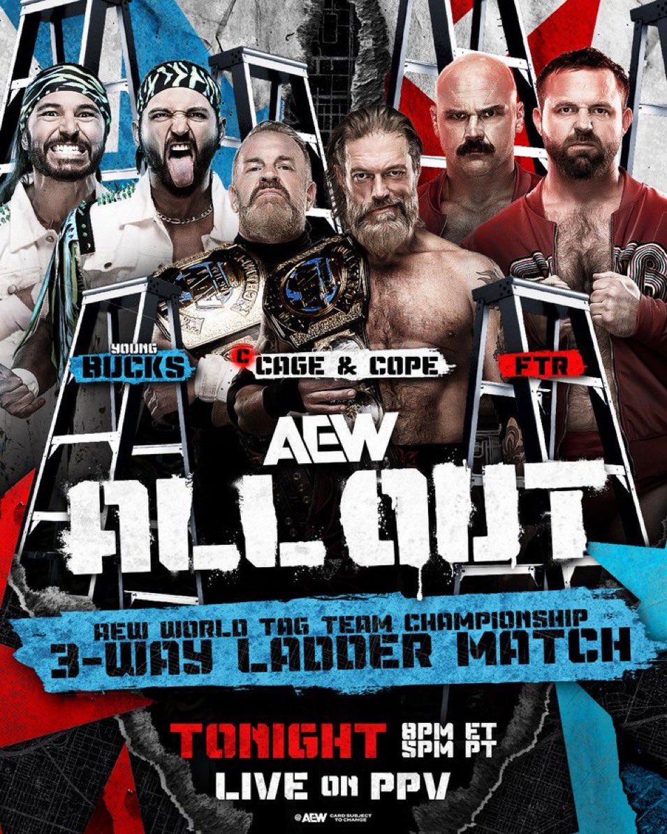 RandomG56934724's tweet photo. (AEW TAG TITLES) (LADDER MATCH) Young Bucks def. Cage/Cope (c) &amp; FTR #ANDNEW https://t.co/m8Hdkmo54o