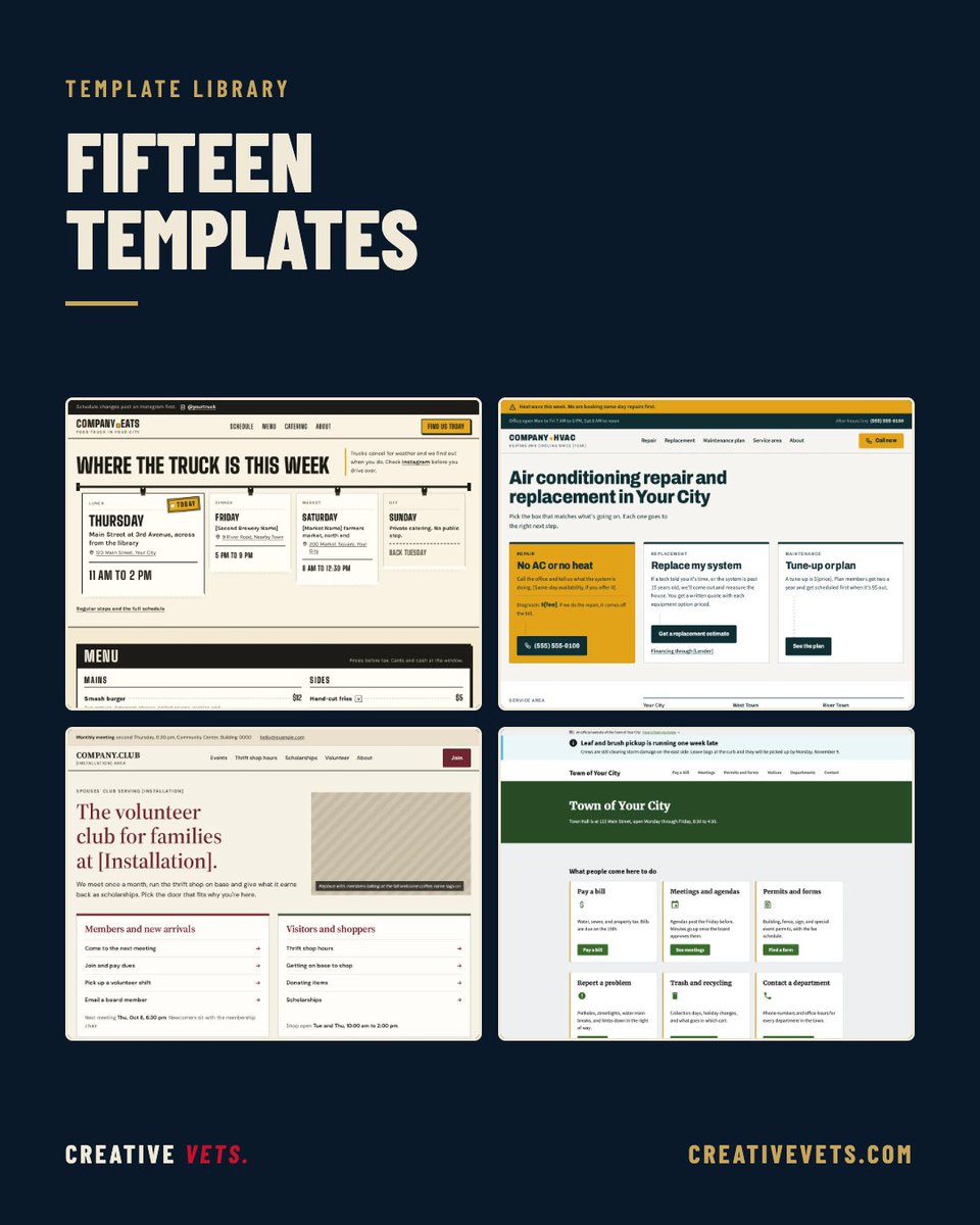 CreativeVets's tweet photo. Fifteen templates, each built for a specific kind of business, from food trucks and HVAC to machine shops and small towns. We customize one to your brand and launch in one to two weeks, starting at $2,500. https://t.co/MR1PcPV5VS https://t.co/DRi9wIj3DT