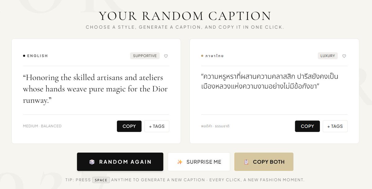 IMabubourbon's tweet photo. ใช้ AI ให้เกิดประโยชน์คิดแคปชั่นให้ที 
1. Start Random / Random Again
2. เลือก Copy (เฉพาะแคปชั่น) ถ้าเลือก +Tag จะก๊อปปี้ให้ทั้งแคปชั่นรวมแท็กให้ด้วย
3. แท็กตั้ง Default ให้ใส่ครบทั้งคู่ แต่ถ้าอยากแท็กเดี่ยวเลือกได้ฮะ

ลองดูฮะ ✌️✌️
https://t.co/4vQ1oMthnG https://t.co/JQjEcRo6WN