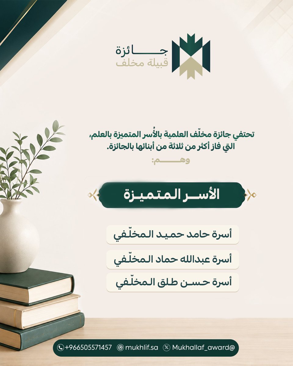 Mukhallaf_award's tweet photo. 🏆✨ 

تُهنّئ #جائزة_مخلّف_العلمية الأسرَ المتميزةَ بالعلم، التي حقّق أكثر من ثلاثةٍ من أبنائها الفوزَ بالجائزة في نسخها الماضية والحالية، تقديرًا لدورها في دعم مسيرة أبنائها وبناتها نحو العلم والتميّز.

وفيما يلي القائمة الإلحاقية للأسر المتميزة : https://t.co/rp8DAjqbFQ