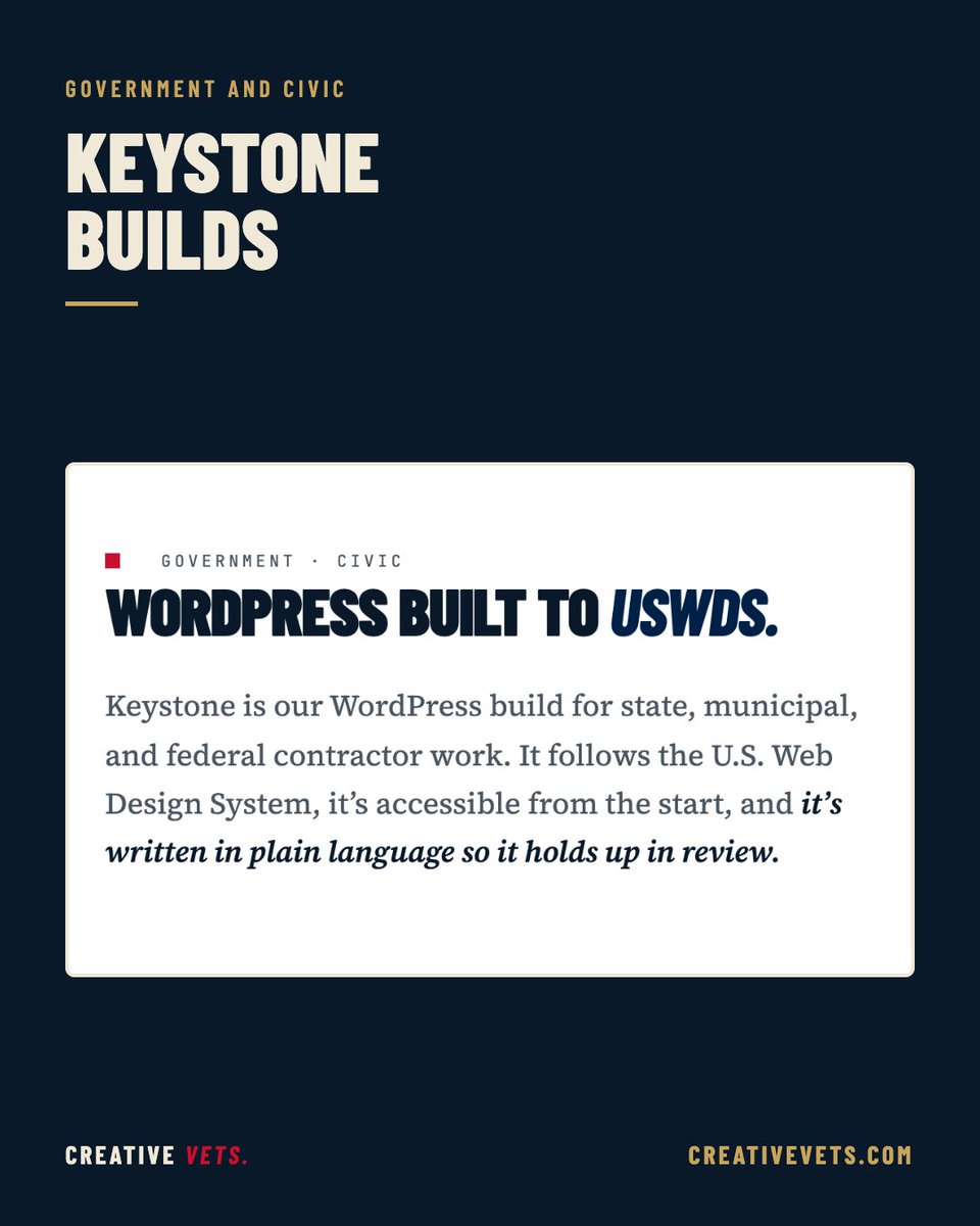 CreativeVets's tweet photo. Keystone is our WordPress build for state, municipal and federal contractor work. It runs on the U.S. Web Design System and meets Section 508 and WCAG 2.1 AA from the start, in plain language. From $8,500. https://t.co/bIAKNUs1BX #USWDS https://t.co/6LT1EYHo2b