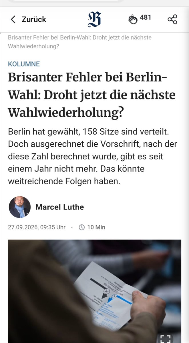 GGLuthe's tweet photo. Ähnlich wie auch 2021 wundere ich mich etwas über die Passivität derer, die bei dieser Wahl kandidiert haben und sich als Demokraten begreifen:

nur allgemeine, unmittelbare, freie, gleiche und geheime Wahlen können nach Art. 28 GG ein Parlament hervorbringen. Unmittelbar ist die Wahl aber nur, wenn die Regeln der Mandatsverteilung vor (!) der Wahl feststehen und nicht erst im Nachhinein von der Exekutive festgelegt werden.

So aber ist es vor einer Woche in Berlin passiert. Vielleicht wacht ja der Rest der Repubik mal auf...

https://t.co/1KI7O4QcnA