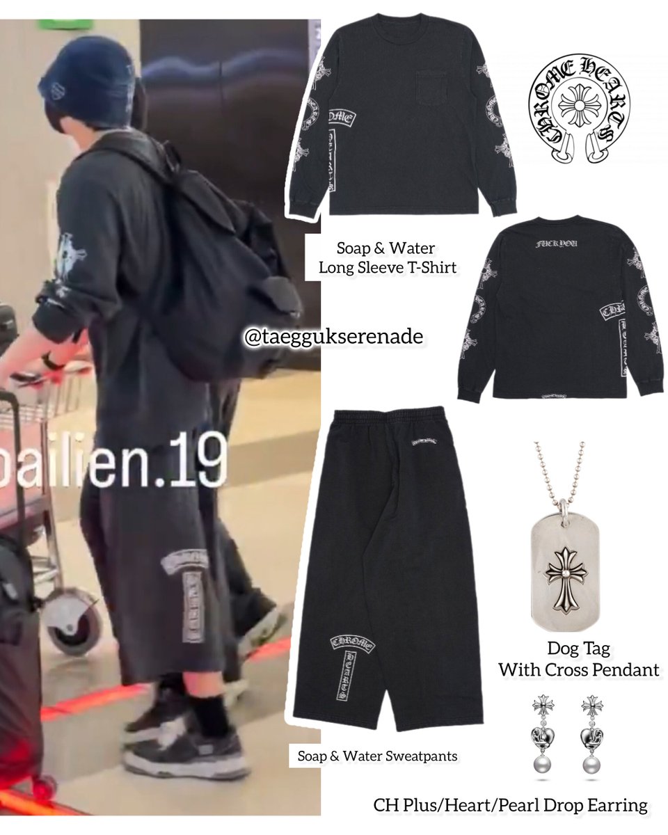 taeggukserenade's tweet photo. Jungkook airport look || 270926

1. Chrome Hearts Vintage OG Soap & Water Long Sleeve 
2. Soap & Water Sweatpants
3. Chrome Hearts Dog Tag with Cross Pendant
4. Chrome Hearts CH Plus / Heart / Pearl Drop Earrings
5. Human Made Denim Sailor Hat Indigo
6. Maison Mihara Yasuhiro “KEITH” OG Sole Garment-Dyed Canvas Low-Top Sneakers