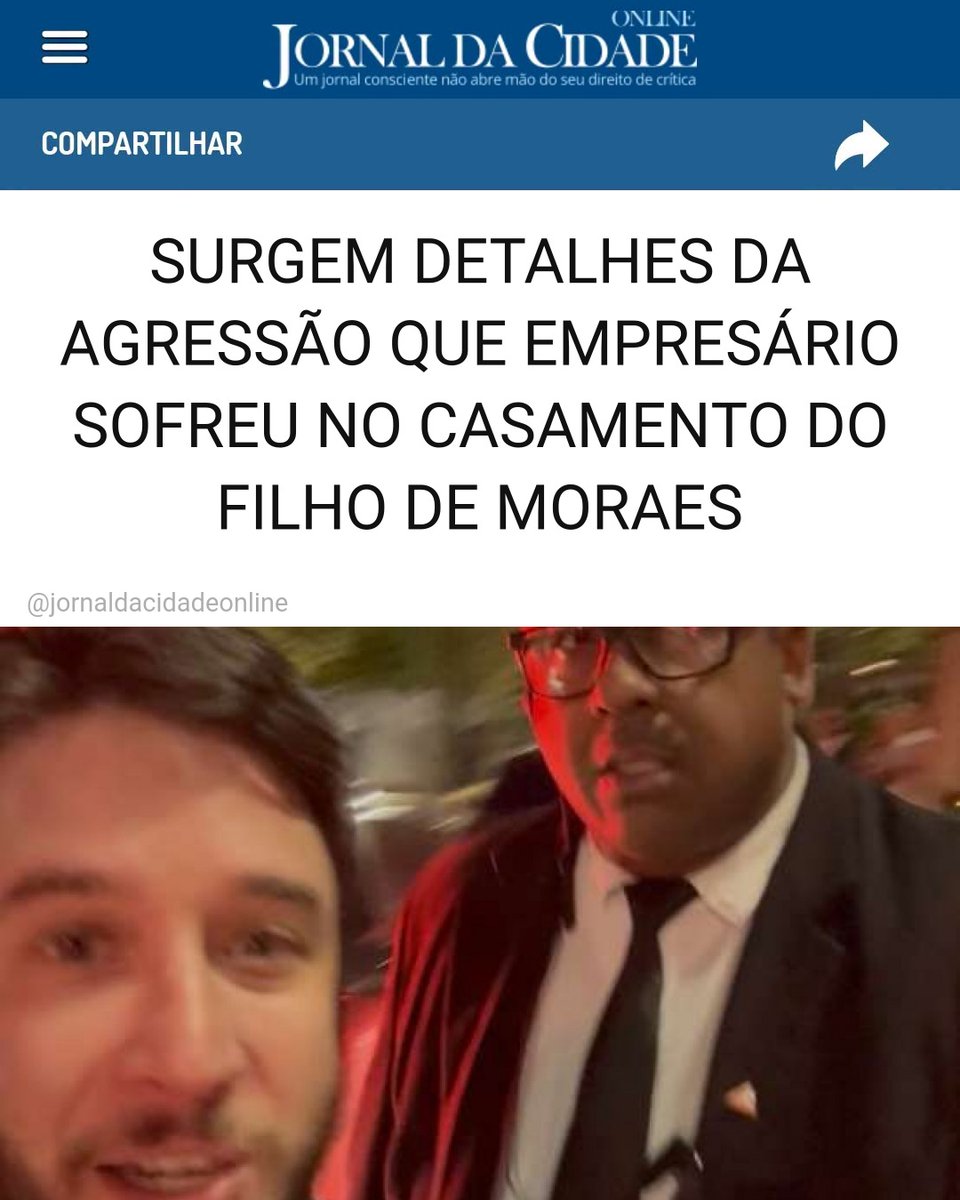 JornalDaCidadeO's tweet photo. SURGEM DETALHES DA AGRESSÃO QUE EMPRESÁRIO SOFREU NO CASAMENTO DO FILHO DE MORAES

O empresário Gabriel Kanner, inesperadamente, se deparou com o casamento de Alexandre Barci de Moraes, filho do ministro do STF, Alexandre de Moraes.

No X, ele publicou:

"Hoje é sábado, dia 26 de setembro de 2026. Saí de casa às 8h30 pra trabalhar. Após um dia intenso, às 18h30 estava retornado pra casa pra ver minha esposa e filhos, quando me deparo com um bloqueio na rua.

Diversos policiais e seguranças me mandaram voltar, mas eu teria que dar uma volta enorme pra chegar em casa. Aí que fui entender—fecharam a rua para os cidadãos comuns por causa do casamento do filho do Alexandre de Moraes.

Então eu desci, comecei a filmar a situação e o segurança veio me agredir.

O Brasil é um Estado de exceção."

Ele mandou um recado para o segurança que o agrediu:

"Pra esse capanga e todos os POLICIAIS que bloquearam a via pública a mando de um bandido. VOCÊS SÃO UMA VERGONHA!"

Matéria do Jornal da Cidade Online