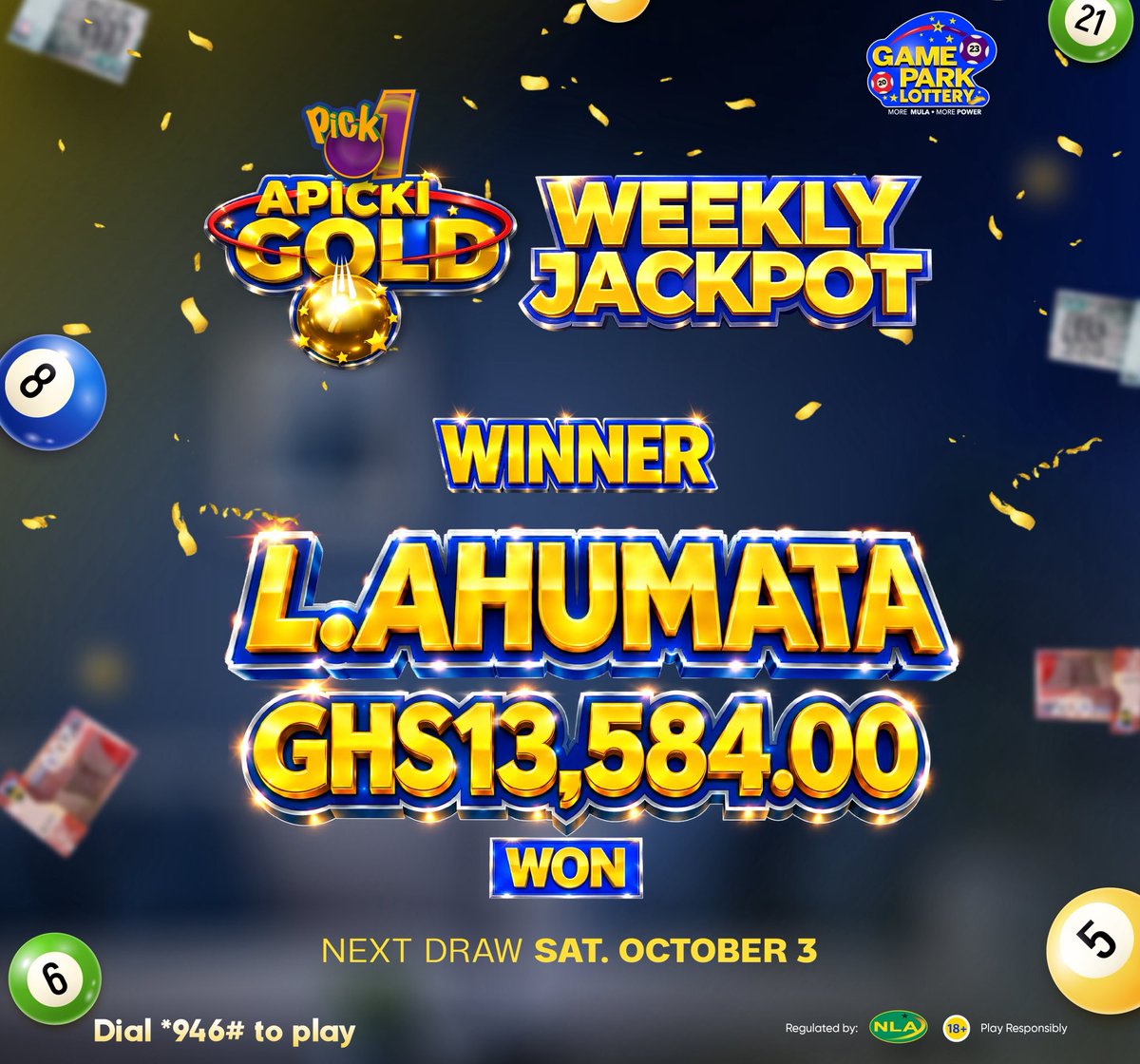 GamePark_GH's tweet photo. Big congratulations to L. AHUMATA for bagging GHS 13,584.00 in the Pick 1 Apicki Gold Weekly Jackpot! You could be next! Dial *946# now to enter the next draw on Saturday.

 #ApickiGold #WeeklyJackpot #WinnerAnnouncement #PlayAndWin https://t.co/CWCE2hIe9o