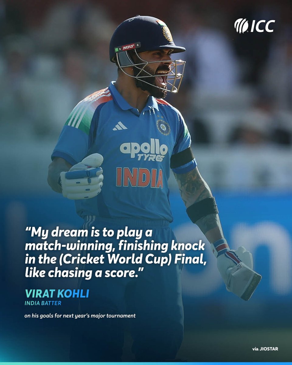 ICC's tweet photo. India veteran Virat Kohli sets his eyes on helping India cross the finish line at #CWC27 👀

Read more ➡️ https://t.co/xcMyRmhHtt https://t.co/fOuCJcDh1I