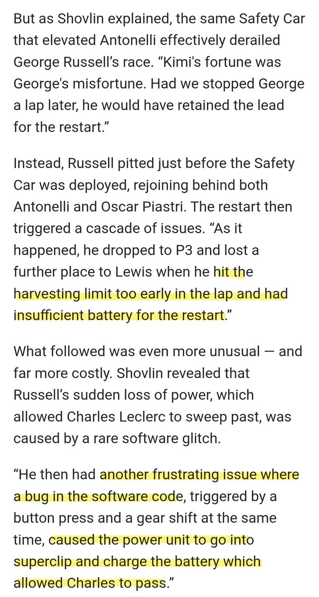 uruptosmth's tweet photo. @FormulaPace more strictly reliability issues:

Japan - Russell no battery at restart + later software bug lost him a position each (RUS +6)

Hungary - anti-stall bug drops Russell from P6 to P21 (hard to say - based on starting grid: RUS +2, ANT -9)

these alone make
Russell - 274, ANT - 272 https://t.co/lNz44ypO9v