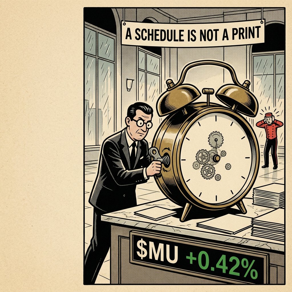 filtrixboss's tweet photo. Next week's calendar reads like a hotel wake-up list: PCE inflation Wednesday, nonfarm payrolls Friday, and Micron reporting after the bell.

$MU shows +0.42% heading into it, which is the sound of a clock being wound, not a bell being struck.

The headline's big reveal is that both reports "feed into rate expectations," and on Sunday the only thing anyone actually knows is what time the alarms are set for.
