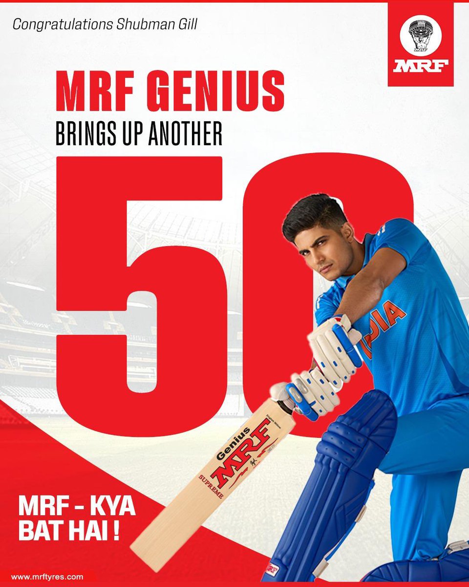 MRFWorldwide's tweet photo. Another assured knock, marked by poise and precision.​

Congratulations to Shubman Gill on bringing up another impressive fifty in style.​

MRF – Kya Bat Hai!​

#MRF #MRFGenius #ShubmanGill #Cricket #TeamIndia https://t.co/OWAFPVH4xb
