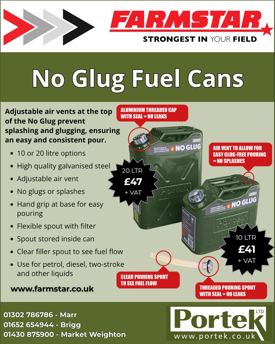 Farmstar_Ltd's tweet photo. ⛽ No glugs. No splashes. No fuss.
The Portek Ltd No Glug Fuel Can makes refueling cleaner and easier with smooth, controlled pouring and a leak-free design.
✅ 10L £41 + VAT
✅ 20L £47 + VAT
Available now!
#Farmstar #Portek #FuelCan #StrongestInYourField https://t.co/AMTNVQWnDm