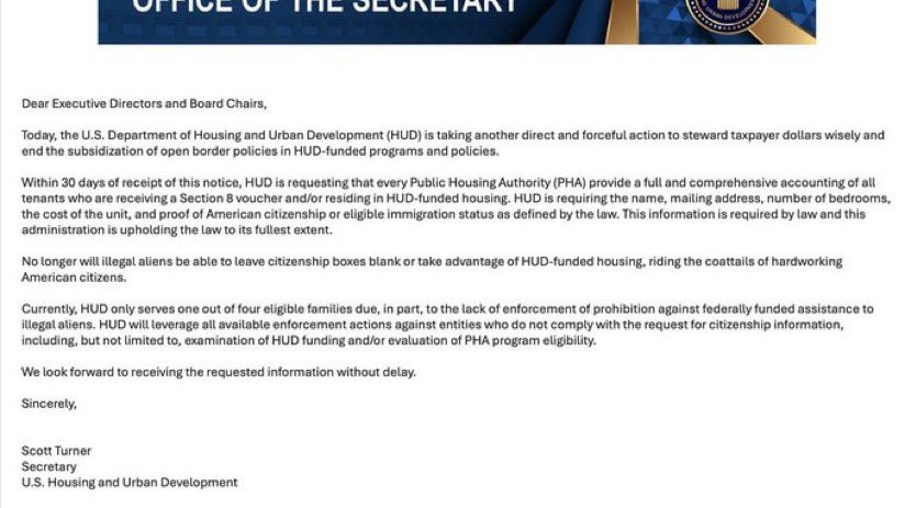 MrWhiplash_'s tweet photo. 🚨BREAKING: President Trump's HUD Secretary Scott Turner is now KICKING OFF ALL illegal aliens from Section 8 housing - demanding proof of citizenship for all Section 8 tenants.  

"No longer will illegal aliens be able to leave citizenship boxes blank or take advantage of HUD-funded housing, riding the coattails of hardworking American citizens."

Do you support this?

YES or NO?

IF you support this, Give me a THUMBS-UP👍!