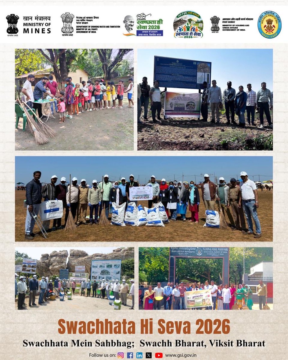 GeologyIndia's tweet photo. Marking World Tourism Day under Swachhata Hi Seva 2026, the Geological Survey of India organised cleanliness and awareness activities across various geoheritage and geotourism sites on 27 September 2026.
GSI officers and staff joined hands with government departments, local communities, students and other stakeholders in cleanliness drives, waste-management initiatives, awareness programmes and plantation activities. The collective efforts strengthened the spirit of Jan Bhagidari in Swachhata while promoting responsible tourism and the conservation of India’s rich geological, natural and cultural heritage.
#SwachhataHiSeva2026 #WorldTourismDay #GSI #SwachhBharat #JanBhagidari #Geoheritage #Geotourism 

@kishanreddybjp @satishdubeyy @MinesMinIndia @swachhbharat @SwachhBharatGov @MoHUA_India @DoWRRDGR_MoJS