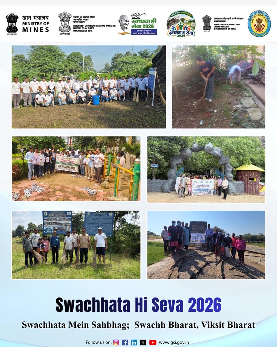 GeologyIndia's tweet photo. Marking World Tourism Day under Swachhata Hi Seva 2026, the Geological Survey of India organised cleanliness and awareness activities across various geoheritage and geotourism sites on 27 September 2026.
GSI officers and staff joined hands with government departments, local communities, students and other stakeholders in cleanliness drives, waste-management initiatives, awareness programmes and plantation activities. The collective efforts strengthened the spirit of Jan Bhagidari in Swachhata while promoting responsible tourism and the conservation of India’s rich geological, natural and cultural heritage.
#SwachhataHiSeva2026 #WorldTourismDay #GSI #SwachhBharat #JanBhagidari #Geoheritage #Geotourism 

@kishanreddybjp @satishdubeyy @MinesMinIndia @swachhbharat @SwachhBharatGov @MoHUA_India @DoWRRDGR_MoJS