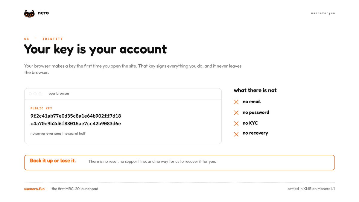 Usenerodotfun's tweet photo. 5/ No accounts. Your browser makes a key on first visit, and that key is your identity. 

No email, no password, no KYC, no recovery. Back it up or lose it. https://t.co/wp3heGu92S
