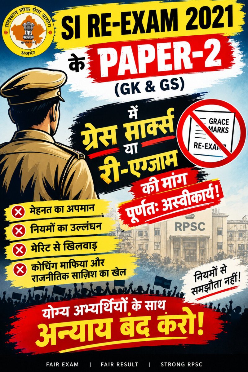 subhamsharmasos's tweet photo. विषय: पेपर-2 (GK & GS) में ग्रेस मार्क्स देने या री-एग्जाम की अनुचित और नियम विरुद्ध मांग को पूर्णतः खारिज करने के संबंध में।

हाल ही में संपन्न हुई परीक्षा के पेपर-2 के संदर्भ में कुछ असफल उम्मीदवार अपने स्वार्थ के लिए और अपने साथियों की परवाह किए बिना बेबुनियाद आंदोलन चला रहे हैं, उसी परीक्षा के अभ्यर्थी के रूप में यह हमारा सीधा सवाल है कि आखिर पेपर-2 को रद्द करने या ग्रेस मार्क्स देने का विचार भी क्यों किया जा रहा है? हम आपसे निवेदन करते हैं कि निम्नलिखित ठोस तथ्यों पर गौर करें:

1. मेहनत का अपमान और यह कैसा न्याय? हम सभी 2021 के ही अभ्यर्थी हैं और परीक्षा कक्ष में हम सभी को एक समान प्रश्न पत्र ही मिला था। हमने दिन-रात कड़ी मेहनत करके इस कठिन पेपर को पास किया है और अपनी योग्यता साबित की है। अब जिनका चयन नहीं हुआ, वे परिणाम को स्वीकार नहीं कर रहे और जो लोग चयनित हैं उनके साथ घात करके बस स्वयं का स्वार्थ देख रहे हैं। यह जरूरी थोड़ी है कि प्रश्नपत्र उनके हिसाब से हो! यदि ऐसा है तो RPSC को आगामी परीक्षाओं में हर अभ्यर्थी के अनुकूल व्यक्तिगत प्रश्न पत्र सेट करना चाहिए ताकि सब सिलेक्ट हो जाएं। और फिर भी जो रह जाएं, वो "प्रश्न पत्र कठिन था, उनके स्तर का नहीं था" ऐसा बोलकर री-एग्जाम के लिए आंदोलन छेड़ दें। यह कहाँ का न्याय है कि जो फेल हो जाएं वो सड़क पर उतरें, और आयोग उनकी अनुचित मांगें मानकर हम जैसे मेहनती और सफल छात्रों के भविष्य के साथ खिलवाड़ करे?

2. पदों से अधिक अभ्यर्थी पहले ही उत्तीर्ण: जब बिना किसी ग्रेस मार्क्स के, विज्ञापित पदों की कुल संख्या से कहीं अधिक बच्चे अपनी मेहनत से न्यूनतम उत्तीर्णांक (minimum marks) प्राप्त कर परीक्षा क्लियर कर रहे हैं, तो फिर दोबारा परीक्षा (re-exam) या ग्रेस मार्क्स का सवाल ही कहाँ उठता है?

3. परीक्षा नियमों का खुला उल्लंघन और मेरिट से खिलवाड़: ग्रेस मार्क्स देना RPSC के मूल परीक्षा नियमों के सर्वथा विरुद्ध है। ग्रेस मार्क्स देकर वास्तविक परिणाम (जो तय नियमों के हिसाब से बना है) को प्रभावित करना पूरी तरह अनुचित है। यदि पेपर-2 में ग्रेस मार्क्स दिए जाते हैं, तो जो अभ्यर्थी अपनी योग्यता से पास नहीं हो पाए, वे मुफ्त के अंकों के सहारे मेरिट में हम जैसे योग्य छात्रों से आगे निकल जाएंगे। खेल के बीच में नियमों में बदलाव करके असफल लोगों को पिछले दरवाजे से एंट्री देना स्वस्थ प्रतिस्पर्धा की हत्या है।

4. यदि रद्द करना है, तो दोनों पेपर रद्द हों: यदि आयोग किसी भी राजनीतिक या कोचिंग माफियाओं के दबाव में आकर परीक्षा रद्द करने पर विचार कर ही रहा है, तो फिर केवल पेपर-2 ही क्यों? नियमों के अनुसार और निष्पक्षता बनाए रखने के लिए फिर दोनों पेपर (पेपर-1 और पेपर-2) रद्द होने चाहिए। केवल एक पेपर को रद्द करना पूरी तरह से एकतरफा और पक्षपातपूर्ण फैसला होगा, जिसे कतई स्वीकार नहीं किया जाएगा।

5. कोचिंग माफिया और विघटनकारी राजनीति का मोहरा: इस तथाकथित 'छात्र आंदोलन' को मुख्य रूप से उन कोचिंग संस्थानों द्वारा हवा दी जा रही है, जिनका स्टडी मटेरियल कई समय से काम नहीं आ रहा और उनका व्यापार खतरे में है। साथ ही, वर्तमान आंदोलन जीवियों द्वारा देश को अस्थिरता की ओर धकेलने वाली विचारधारा वाले तत्व इस मुद्दे को ढाल बनाकर सरकार को अस्थिर करने और भर्ती प्रक्रिया को अटकाने का प्रयास कर रहे हैं। यदि आज इन मांग को मान लिया जाता है, तो हर परीक्षा के बाद यह एक स्थायी परंपरा बन जाएगी।

अतः करबद्ध निवेदन है कि RPSC की निष्पक्षता और नियमों की पवित्रता बनाए रखें। यदि ग्रेस मार्क्स या केवल एक पेपर रद्द करने जैसा कोई भी अनुचित निर्णय लिया गया, तो चयनित और योग्य अभ्यर्थी अपने हक की रक्षा के लिए माननीय न्यायालय का दरवाजा खटखटाने को विवश होंगे, जिससे पूरी भर्ती प्रक्रिया सालों के लिए अटक जाएगी।
कृपया गुणवत्ता और नियमों के साथ कोई समझौता न करें।
धन्यवाद।
चयनित अभ्यर्थी (राजस्थान)
@RPSC1 @thekesari @RajGovOfficial @RajCMO @BhajanlalBjp @Bhajanlalofc  @Yogsa_Ratangarh