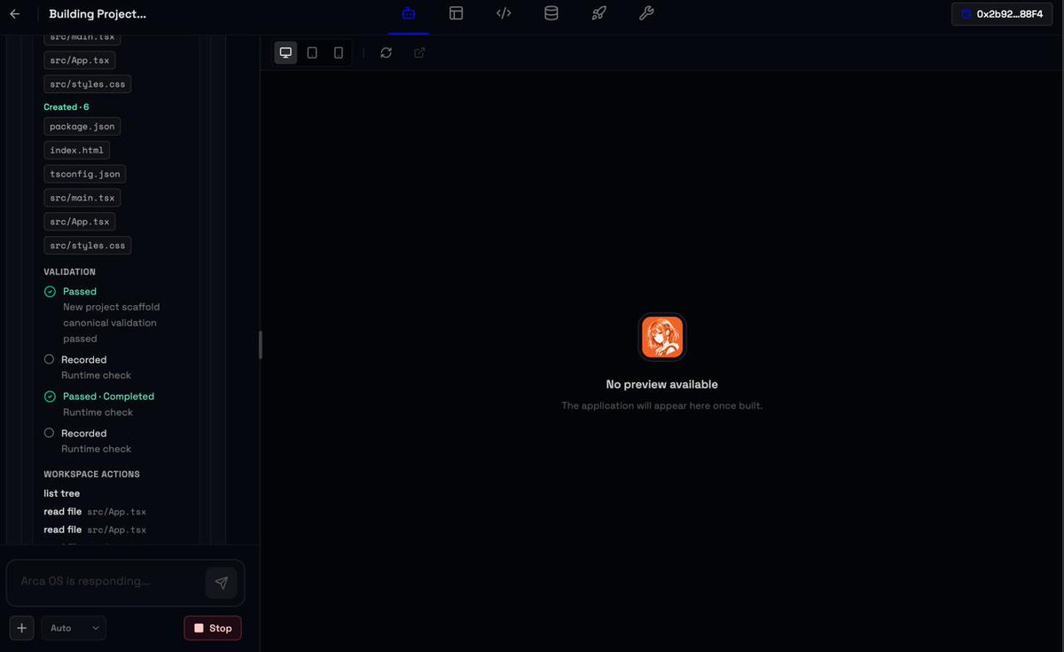 arca_os's tweet photo. Arca OS update: Build Engine V3 can build apps in the cloud, and now you can see the results right inside Studio.

We fixed the Daytona preview issue that caused browsers to refuse the connection. Vite pages and assets now load through a secure Arca OS route, while the built app remains isolated from your session. We tested it in Chromium: the React app actually renders—not just returns an HTTP 200.

Building an app and seeing it come to life now feel like one continuous flow. $ARCA