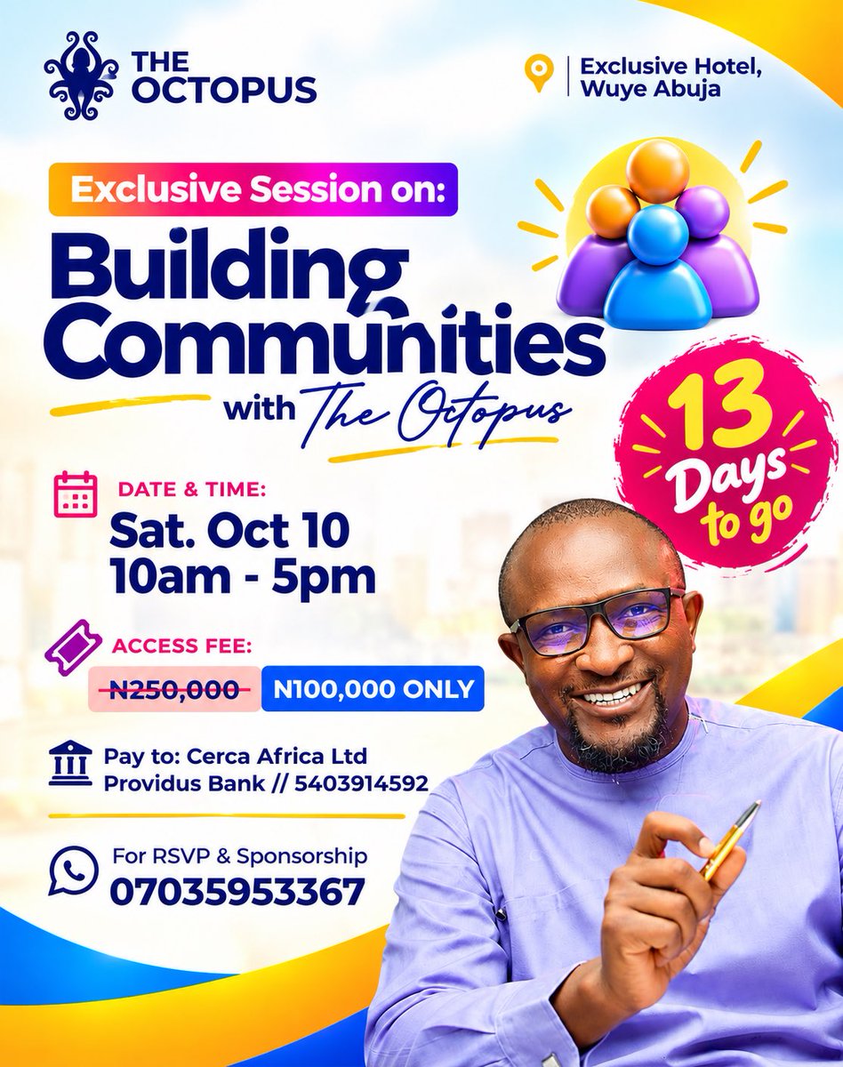 sobafemi's tweet photo. In 13 Days time… Abuja.

A thoroughly enjoyable day of learning, dining, networking and building.

Make sure to secure your seat(s) today.

Corporate packages and Sponsorship packages are very attractive.

Let’s do this.

m a k t u b !!!

Sam Obafemi 
The Octopus 🐙 https://t.co/O08RD03mij