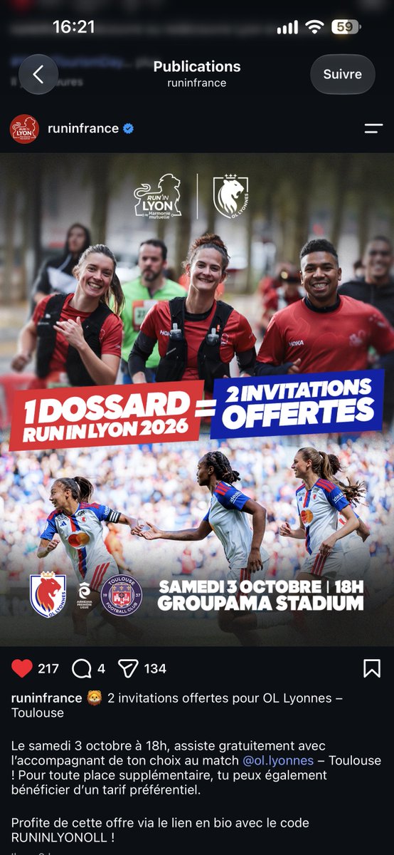 julien_reigner's tweet photo. Quand la course à pied offre 2 place pour aller voir les féminines au stade samedi pro : code à rentrée RUNINLYONOLL 
#teamol 

https://t.co/1u7SBRYYLs https://t.co/dqa4GZtPin