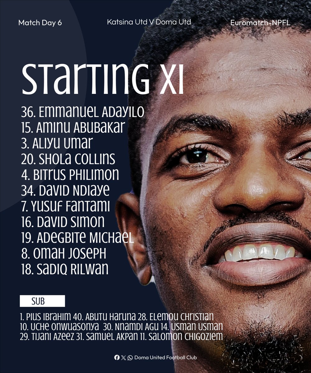 domaunitedfc's tweet photo. Our lineup for today's encounter is ready with five changes to the team that started on Wednesday!
Emmanuel Adayilo, David Ndiaye and Aminu Abubakar make their debut for the Tigers, while Yusuf Fantami and Omah Joseph start for the first time this season.
Let's go Tigers. https://t.co/5mrGPNaG5Z