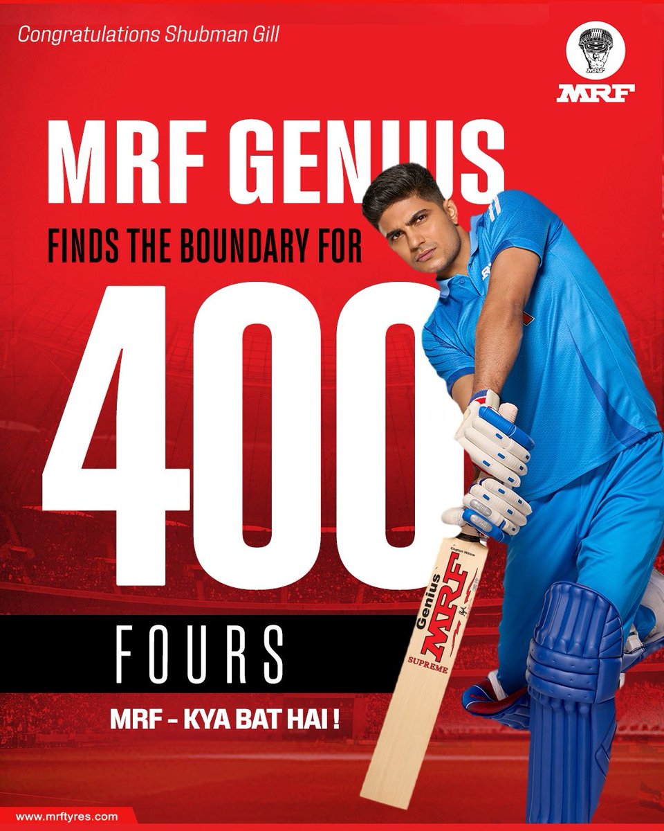 MRFWorldwide's tweet photo. 400 fours, each one timed to perfection.​

Congratulations to Shubman Gill on driving his way to 400 boundaries with
class, control and consistency.​

MRF – Kya Bat Hai!​  

#MRF #MRFGenius #ShubmanGill #Cricket #TeamIndia https://t.co/brhFXdSLMj