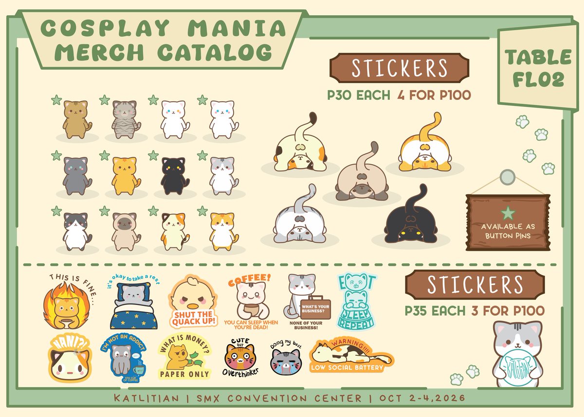 katlitian's tweet photo. RTs are appreciated 😊
1/3

Henlo! Here’s my merch catalog for #CosplayMania2026

We’re at table FL02 with @bbunbuns 

✨ SMX Convention Center 
✨ Oct. 2-4, 2026

🌟 OC art, Pokemon, Marvel, Persona, FF, Genshin Impact, HSR, ZZZ, Hollow Knight &amp; Anime

#FanFairatCosplayMania2026 https://t.co/EErhOEJPbG