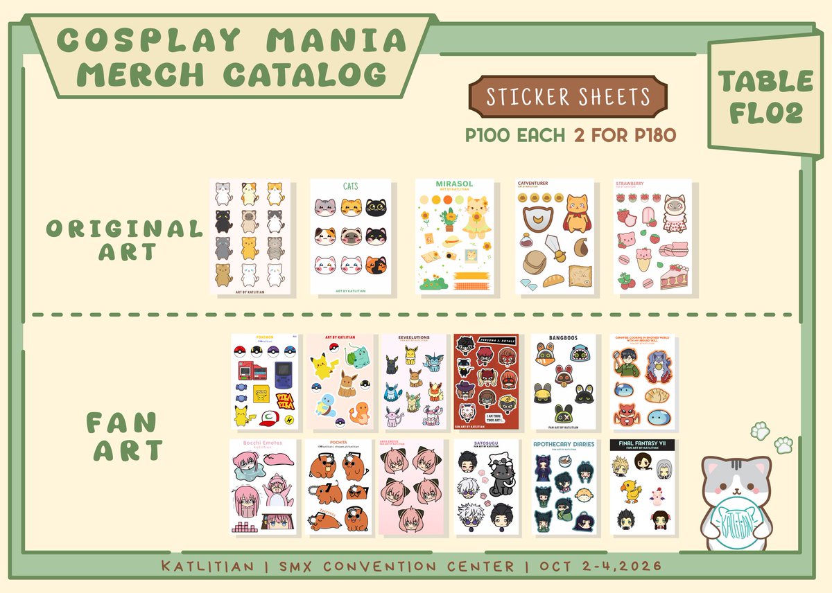 katlitian's tweet photo. RTs are appreciated 😊
1/3

Henlo! Here’s my merch catalog for #CosplayMania2026

We’re at table FL02 with @bbunbuns 

✨ SMX Convention Center 
✨ Oct. 2-4, 2026

🌟 OC art, Pokemon, Marvel, Persona, FF, Genshin Impact, HSR, ZZZ, Hollow Knight &amp; Anime

#FanFairatCosplayMania2026 https://t.co/EErhOEJPbG