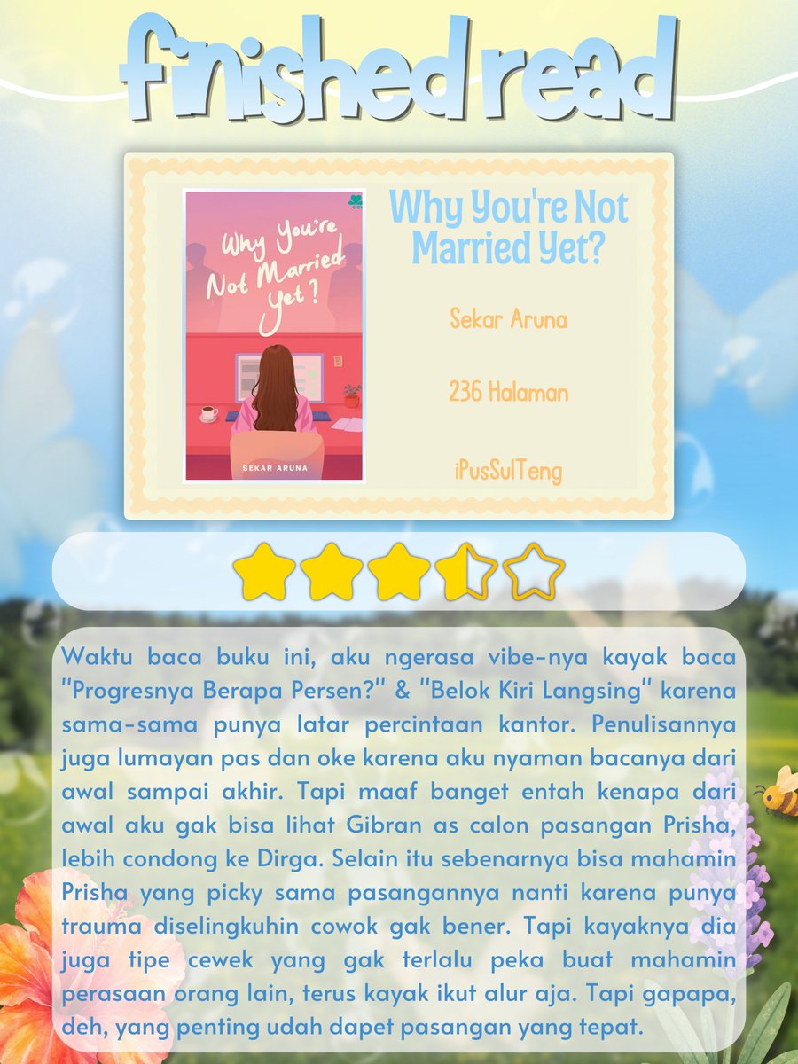 starbookaddict's tweet photo. ⠀
── °⋅• Finished Read &amp; Mini Review •⋅° ──

📖 Why You're Not Married Yet?
✒️ Sekar Aruna

⏱ 27 September 2026

Rate: ★★★½ (3,5/5)
⠀ https://t.co/izVfpgar6q