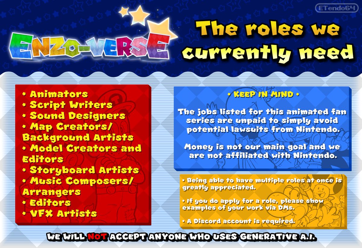 ETendo64's tweet photo. 🚨IMPORTANT🚨

Hey y'all, just to let you know...

We're still looking for new volunteers to be part of the team for Project: Enzo-Verse 🌠

The remaining roles needed are listed below.

Please contact me if you're interested! https://t.co/LsZG0V6NnM