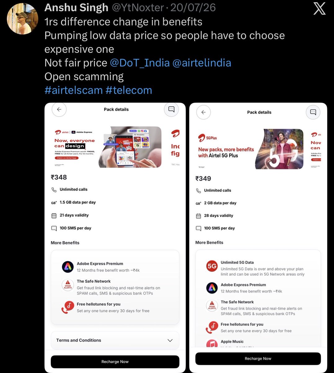YtNoxter's tweet photo. No reply on last twitte @RahulGandhi @raghav_chadha @narendramodi @airtelindia @kunalkamra88 @NITIAayog @nitishrajput @PMOIndia 
A fraud scam or forced buy impeached on consumer @DoT_India @tech_burner https://t.co/Gu6pWgvElE