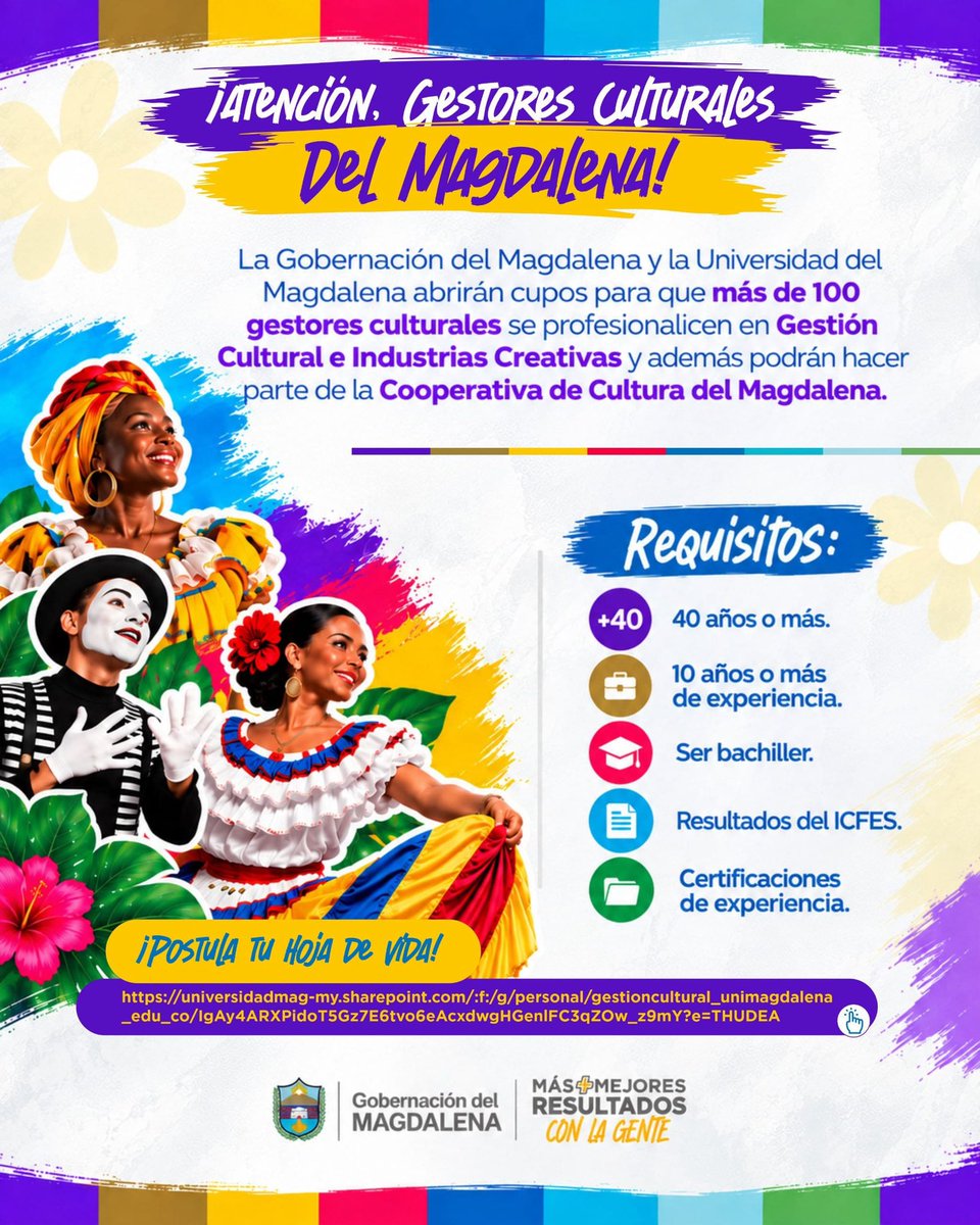 MagdalenaGober's tweet photo. 🎭🎓 ¡Gestor cultural, tu experiencia puede convertirse en una oportunidad profesional!

Más de 100 gestores culturales del Magdalena podrán avanzar en su profesionalización gracias a la alianza entre la Gobernación del Magdalena y la Universidad del Magdalena. https://t.co/TciuZ05fyn