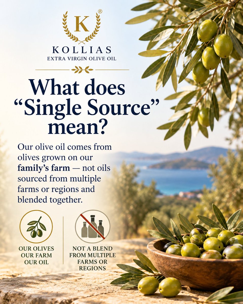 KolliasOliveOil's tweet photo. What does “Single Source” mean? 🫒🇬🇷
Our Koroneiki olives are grown on our family’s farm in Filiatra, Greece—not sourced from multiple farms or regions and blended together.
One family. One farm. One oil.
#KolliasOliveOil #SingleSource https://t.co/lIQApKesDx