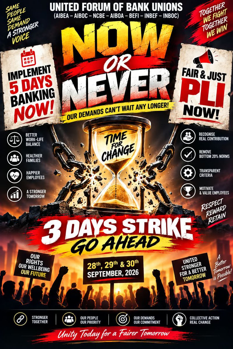 NigamBrahmbhatt's tweet photo. 3 DAYS TO STRIKE.

28, 29 & 30 September — three days of collective action for a long-pending demand.

#5DayBankingNow is not a luxury. It is a legitimate demand for a healthier, more balanced and sustainable banking system.

Comrades, let our unity speak through disciplined and determined participation.

ONE VOICE. ONE UNITY. 5-DAY BANKING.

#5DayWeekandFairPLI #PSUBanks #UFBU #AIBOC #FBOIOA
@fboioa_india @nilesh_pawar15 @aiboc_in @UFBUIndia