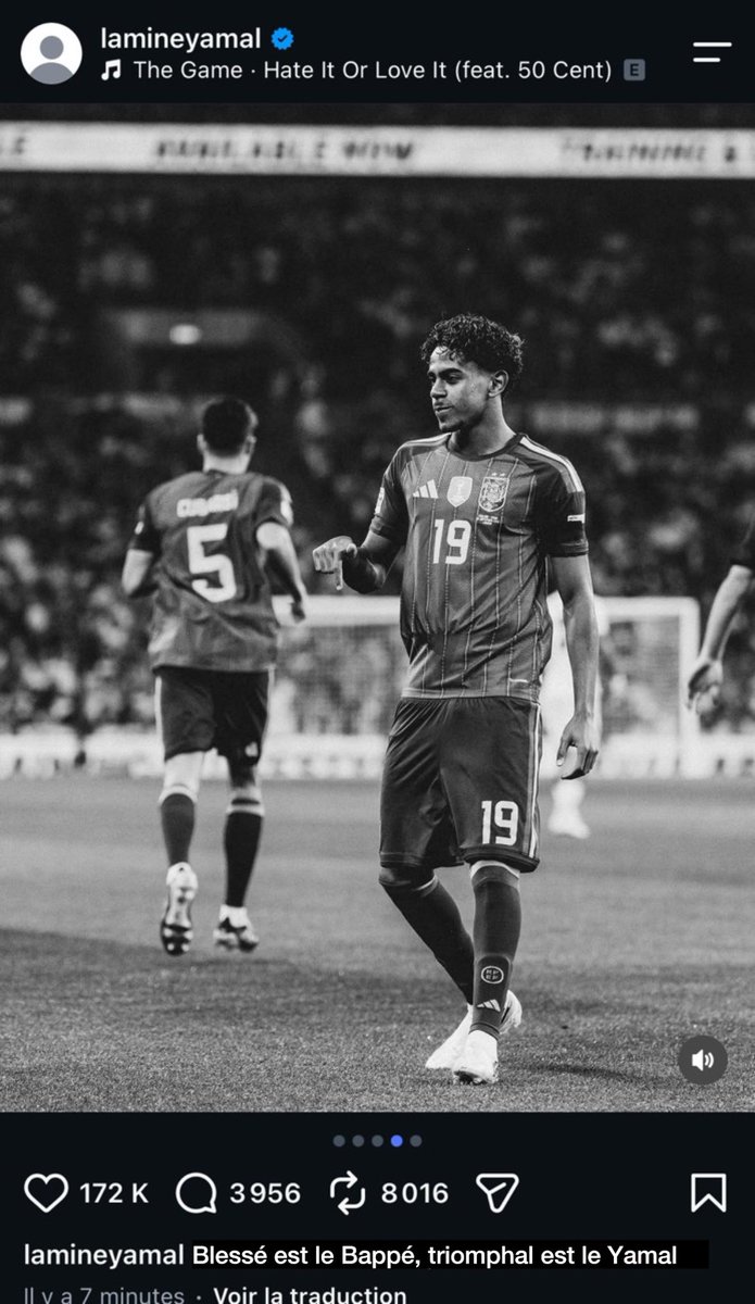 ActuFoutreOff's tweet photo. 🚨💣 La story explosive de Lamine Yamal 🇪🇸 juste avant la clôture des votes pour le Ballon d’Or : 

« Blessé est le Bappé, triomphal est le Yamal » 👊

📲 (IG) https://t.co/SxFuvyQx4N