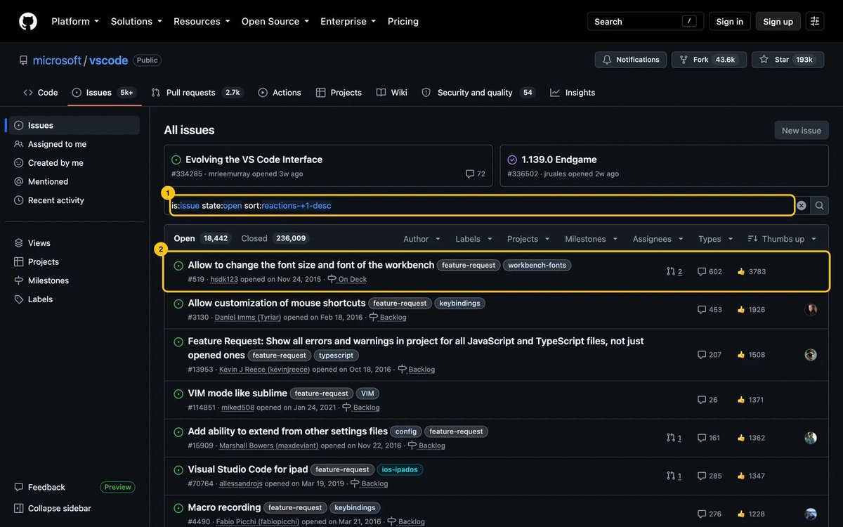 open_resource's tweet photo. GitHub trick: to sort an issue search by 👍, add

sort:reactions-+1-desc

On VS Code, the top one is a 2015 request to change the workbench font: 3,783 👍.

Works across GitHub, with any reaction.

So react with 👍 instead of commenting "+1": only reactions count. https://t.co/YtzRgCcpgR