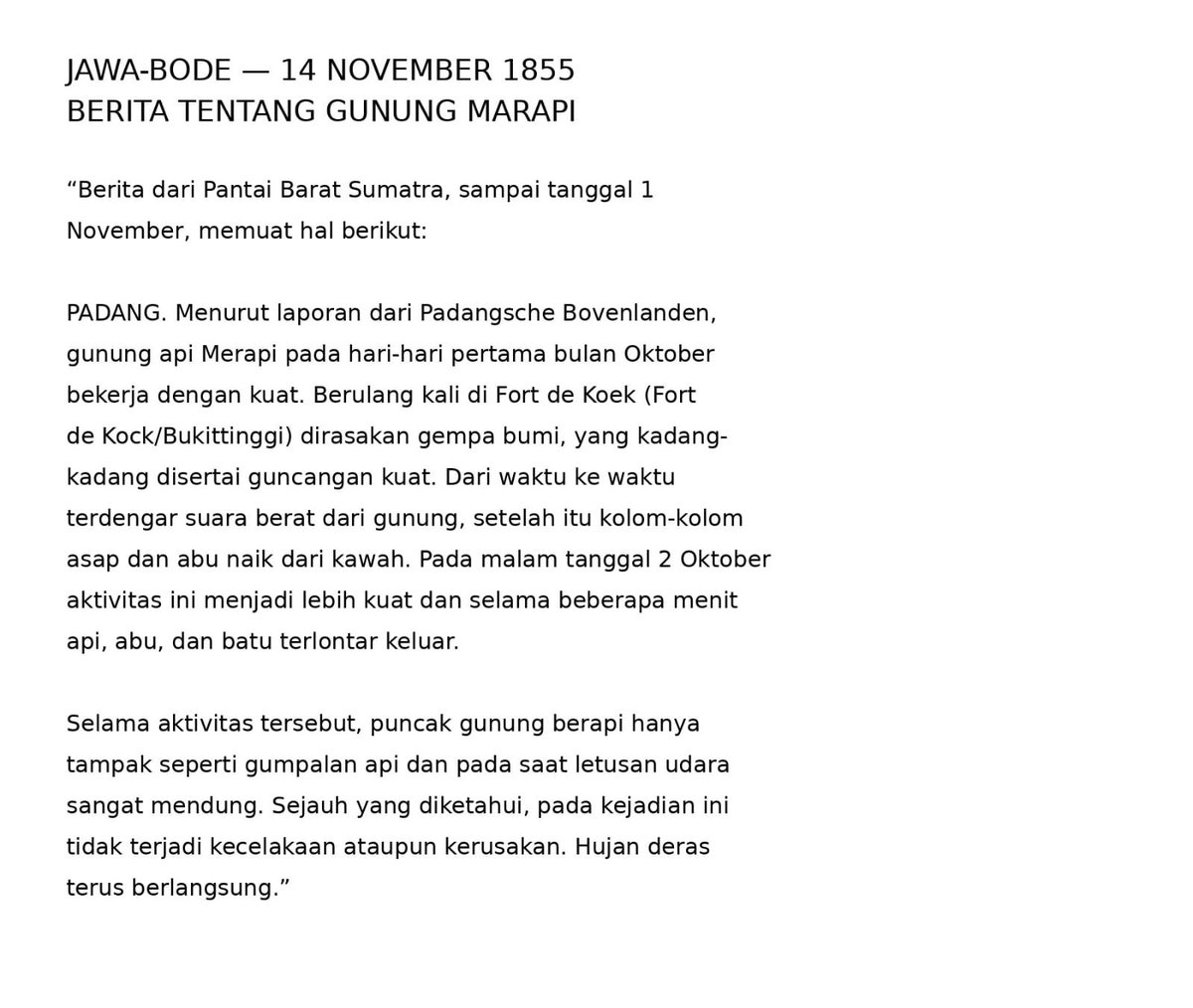 BazarinaS75320's tweet photo. Gunung Marapi di Sumatera Barat ini juga sering erupsi sejak zaman Belanda, tercatat 13 kali erupsi pada kurun waktu 1807 - 1888

Salah satu dokumentasi surat kabar Java Bode di Batavia tertanggal 14 November 1855 mencatat erupsi yang terjadi di tahun tersebut..

Ada juga foto erupsi Marapi 1887 yang diambil dari Wikimedia Common
