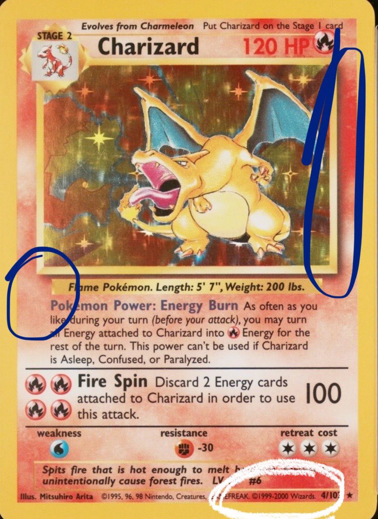 PokeCardStop's tweet photo. If you’re looking to collect English Pokémon Base Set cards, make sure you know your stuff

There are four obviously distinct print runs of the set. Some are much more expensive or rare than others, so pay attention

The first is First Edition Base Set

In picture one, you can see the defining features that each first edition base set card should have circled in white

This includes the first edition stamp, the shadowless frame (not observable for trainer cards), and the “99” copyright date.

The second is Shadowless Base Set

Shadowless Base Set is technically an error of sorts. When the set was first produced it was supposed to be the first run of unlimited Base Set cards, but WOTC forgot the shadow, so it looks distinct from the unlimited runs still

You can see in picture two, Shadowless Base Set still has the shadowless frame and the “99” copyright date. It’s simply missing the first edition stamp, circled in blue

It’s important to note, for Shadowless, the only way to distinguish trainer cards and energies is the copyright date. So make sure to double check next time you’re flipping through bulk at your local card shop!

The third is the Unlimited printing of Base Set

Easily the most common, there were a lot of these cards printed compared to its counterparts

In picture 3, you can see that now these cards have the shadowed frame, the “99” copyright date is gone, and of course there is still no first edition stamp, again all circled in blue

Finally, the fourth print run is commonly just referred to as the fourth print run of Base Set

In picture 4, you can see the only distinguishable identifier for this print run is the “1999-2000” copyright date in the bottom right. Otherwise, the cards look exactly like the unlimited runs

The fourth print run of Base Set is more rare, but not highly sought after from collectors. EXCEPT for the holos

See, the holo rare cards from the fourth print run were produced at much lower rates compared to the non-holo cards. And for this reason, they’re quite rare and expensive!

Hopefully you learned something new, or simply enjoyed reading this. Here’s to your Pokémon collection and knowledge growing!