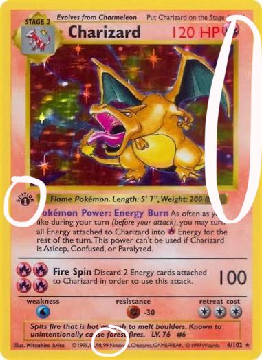 PokeCardStop's tweet photo. If you’re looking to collect English Pokémon Base Set cards, make sure you know your stuff

There are four obviously distinct print runs of the set. Some are much more expensive or rare than others, so pay attention

The first is First Edition Base Set

In picture one, you can see the defining features that each first edition base set card should have circled in white

This includes the first edition stamp, the shadowless frame (not observable for trainer cards), and the “99” copyright date.

The second is Shadowless Base Set

Shadowless Base Set is technically an error of sorts. When the set was first produced it was supposed to be the first run of unlimited Base Set cards, but WOTC forgot the shadow, so it looks distinct from the unlimited runs still

You can see in picture two, Shadowless Base Set still has the shadowless frame and the “99” copyright date. It’s simply missing the first edition stamp, circled in blue

It’s important to note, for Shadowless, the only way to distinguish trainer cards and energies is the copyright date. So make sure to double check next time you’re flipping through bulk at your local card shop!

The third is the Unlimited printing of Base Set

Easily the most common, there were a lot of these cards printed compared to its counterparts

In picture 3, you can see that now these cards have the shadowed frame, the “99” copyright date is gone, and of course there is still no first edition stamp, again all circled in blue

Finally, the fourth print run is commonly just referred to as the fourth print run of Base Set

In picture 4, you can see the only distinguishable identifier for this print run is the “1999-2000” copyright date in the bottom right. Otherwise, the cards look exactly like the unlimited runs

The fourth print run of Base Set is more rare, but not highly sought after from collectors. EXCEPT for the holos

See, the holo rare cards from the fourth print run were produced at much lower rates compared to the non-holo cards. And for this reason, they’re quite rare and expensive!

Hopefully you learned something new, or simply enjoyed reading this. Here’s to your Pokémon collection and knowledge growing!