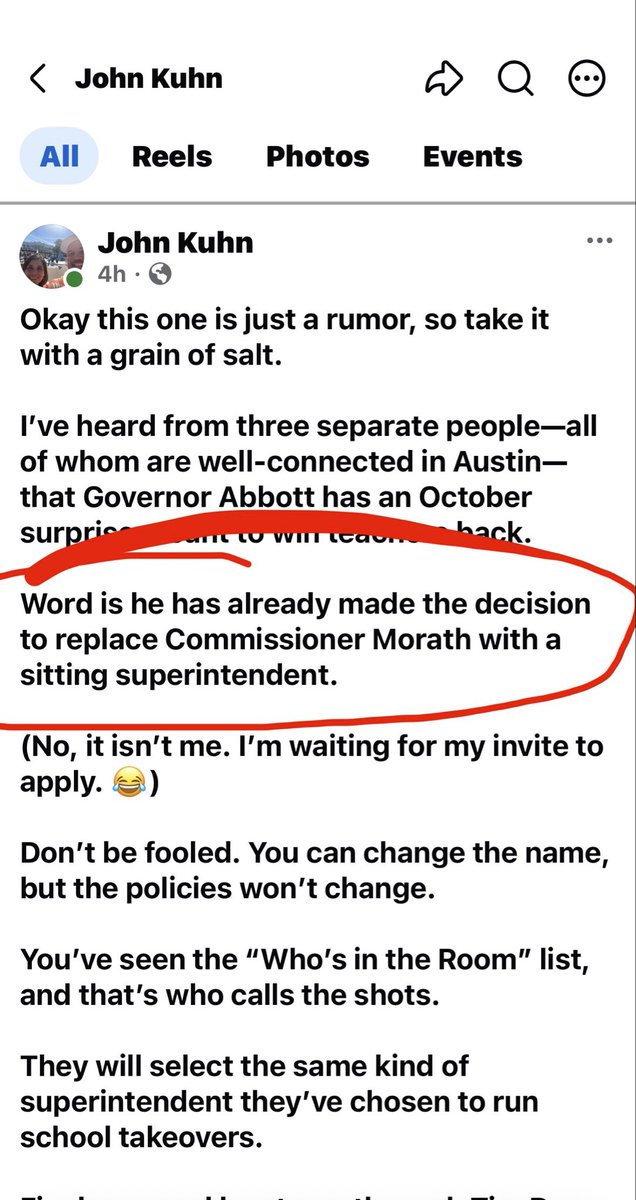 lynnsdavenport's tweet photo. Initially, I shared your post but I felt uneasy about it. Now I know why…
I have long suspected Abbott will pull a last minute stunt to appease those parents and teachers he has alienated.
I’m not interested in just firing Morath.
I’m interested in taking down the entire corporate education reform model imposed by Morath, Todd Williams and the lobbyists seeking to cannibalize and privatize our education system.
The education reform lobbyists were invited to Abbott’s office this week and Todd Williams’s empire under Commit orchestrated it.
My former RISD superintendent works for Commit.
It wouldn’t be difficult to give Morath his golden parachute 🪂 and appoint an ISD shill/superintendent who is promised “all the things” in order to save Abbott’s butt in November.
CAVEAT EMPTOR! ⚠️
Vote for @GinaHinojosaTX.
Early voting starts on October 19. Election day is November 3.