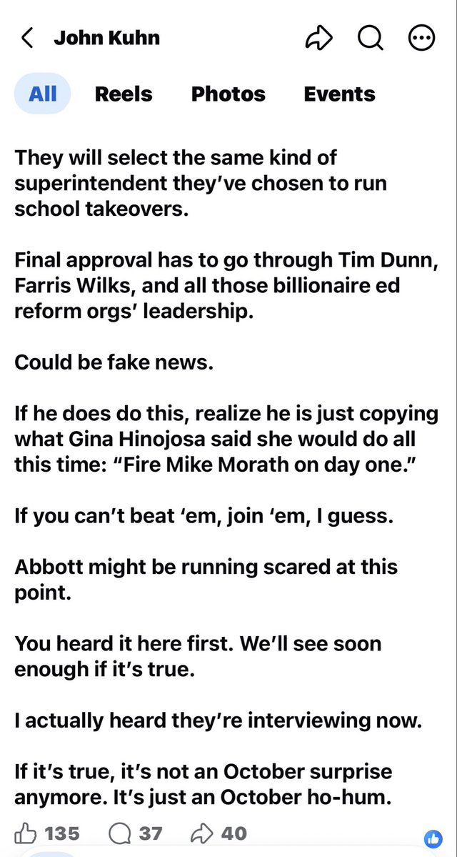 lynnsdavenport's tweet photo. Initially, I shared your post but I felt uneasy about it. Now I know why…
I have long suspected Abbott will pull a last minute stunt to appease those parents and teachers he has alienated.
I’m not interested in just firing Morath.
I’m interested in taking down the entire corporate education reform model imposed by Morath, Todd Williams and the lobbyists seeking to cannibalize and privatize our education system.
The education reform lobbyists were invited to Abbott’s office this week and Todd Williams’s empire under Commit orchestrated it.
My former RISD superintendent works for Commit.
It wouldn’t be difficult to give Morath his golden parachute 🪂 and appoint an ISD shill/superintendent who is promised “all the things” in order to save Abbott’s butt in November.
CAVEAT EMPTOR! ⚠️
Vote for @GinaHinojosaTX.
Early voting starts on October 19. Election day is November 3.