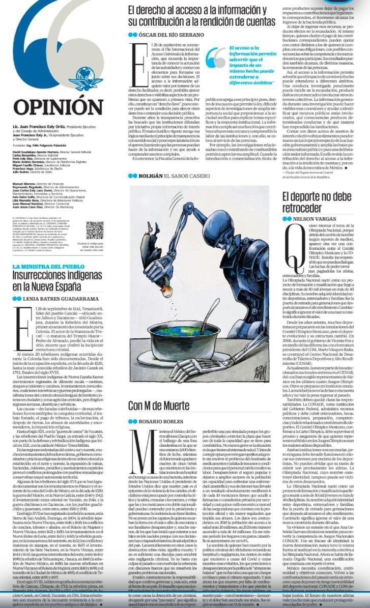 Oscar1981's tweet photo. ¡Buen domingo! En la edición impresa y digital del día de hoy del @El_Universal_Mx se publica “El derecho al acceso a la información y su contribución a la rendición de cuentas”.

El acceso a la información permite advertir que el impacto de un mismo hecho puede extenderse a diferentes ámbitos.