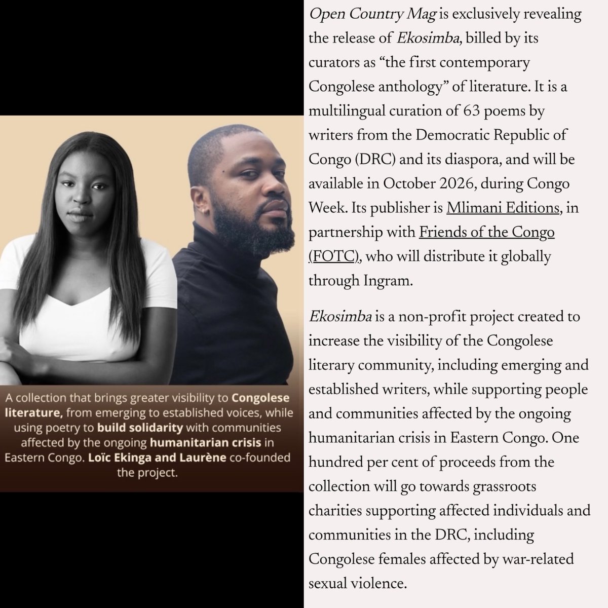 NganjiNotes's tweet photo. Proud to be a contributor to EKOSIMBA, a non-profit project created to increase the visibility of the Congolese literary community while supporting people and communities affected by the ongoing humanitarian crisis in Eastern Congo.

More informations : https://t.co/A4oXxnE1iu https://t.co/4d6YkZ9Ud2