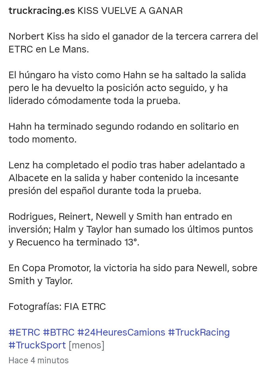 blog_senna's tweet photo. Nueva victoria de Kiss en Le Mans.
El húngaro se ha impuesto en la tercera carrera del #ETRC, en la que @ALBACETE_Racing se ha quedado s las puertas del podio. https://t.co/Vr70ImSHTY